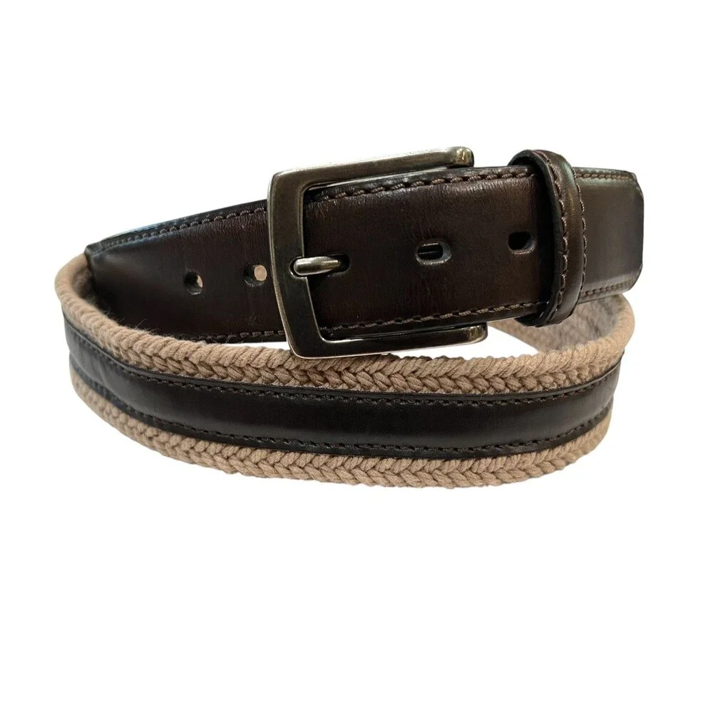 Columbia Men's Beige Woven Belt w Brown Leather Trim & Silver Buckle  Size 40